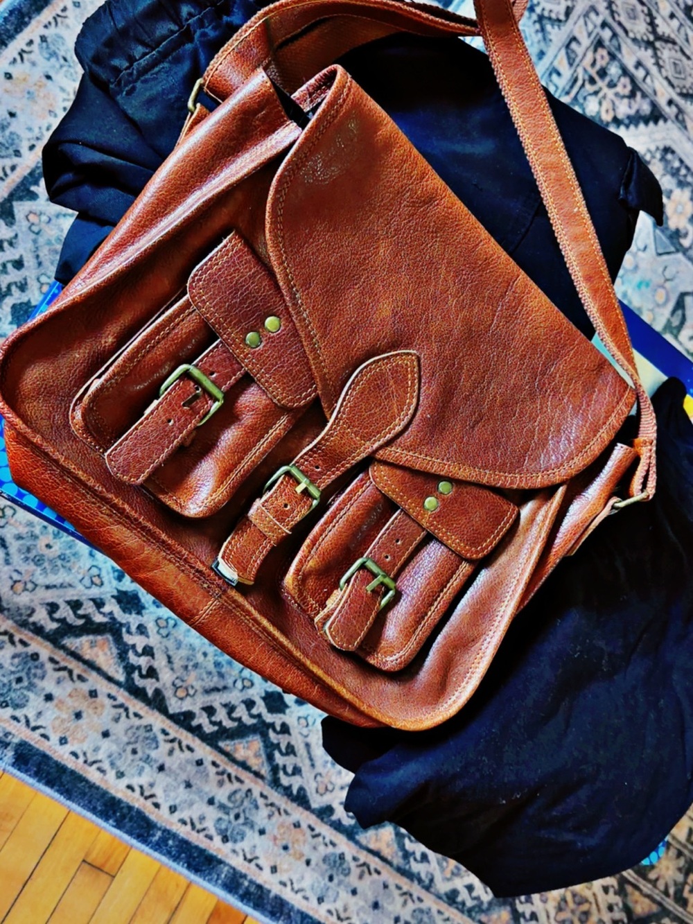 Men's Tan Leather Messenger Bag with Front Buckle Pockets